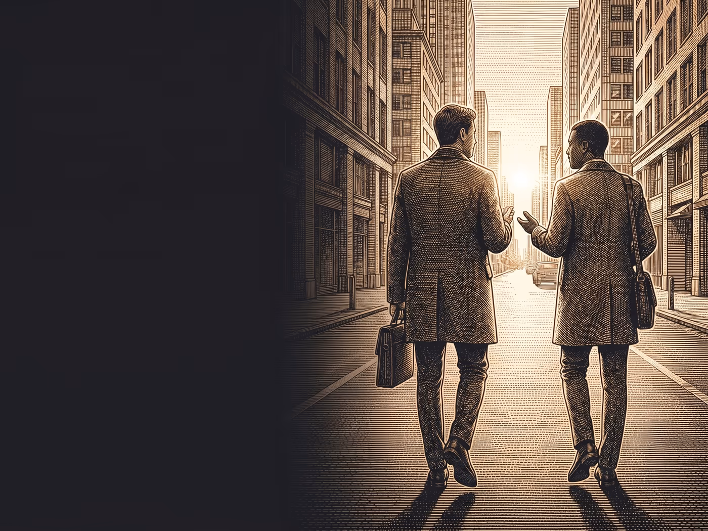 Dos colegas caminando juntos al amanecer