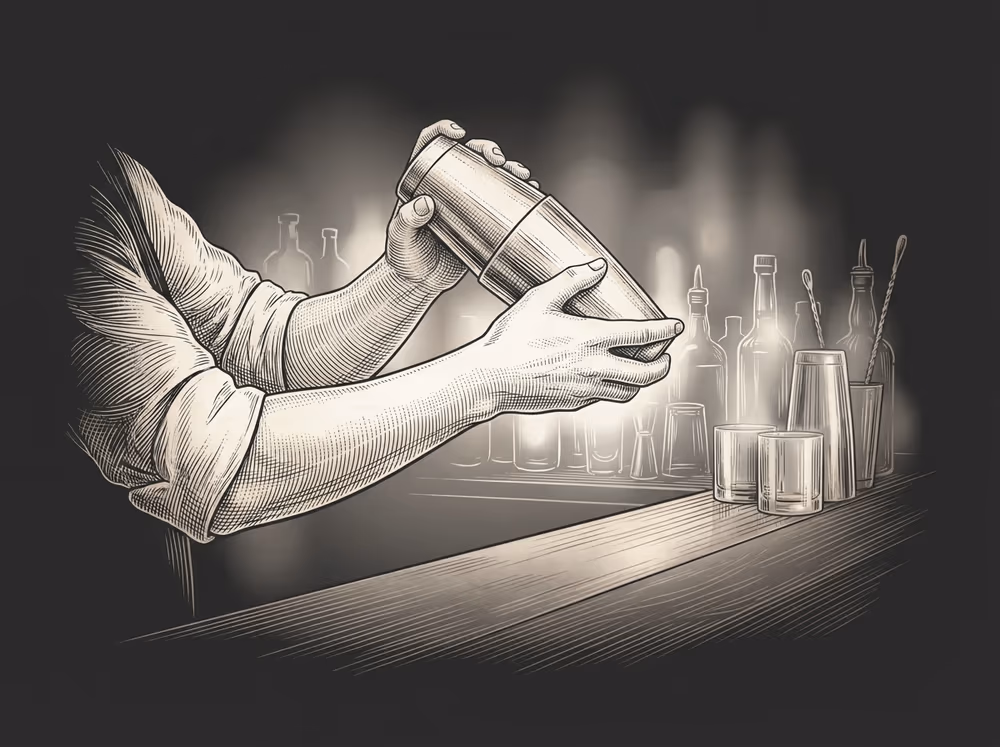 Dos manos agitando una coctelera tras la barra, grabado