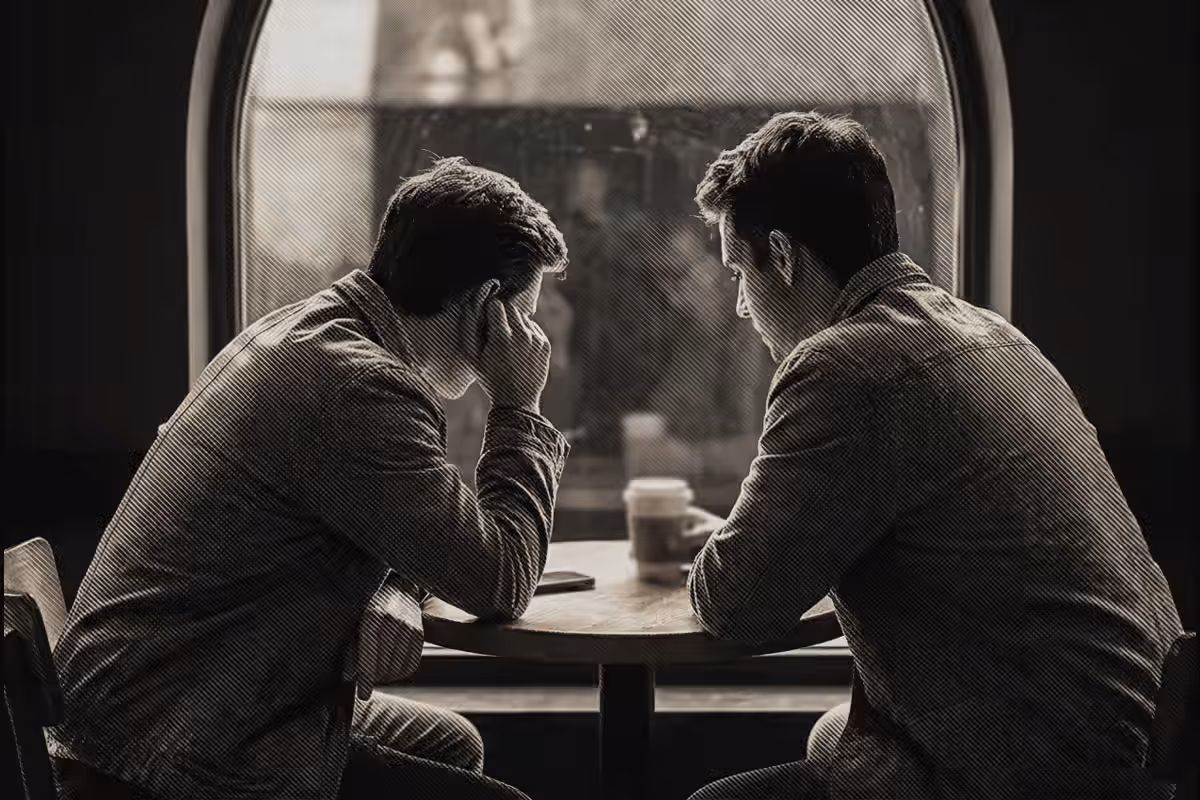 Dos personas conversando de cerca junto a una ventana, con acabado de grabado.