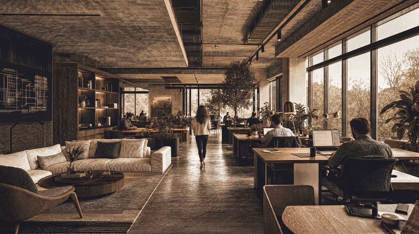 Un espacio de trabajo amplio y en calma, con gente trabajando entre luz cálida.