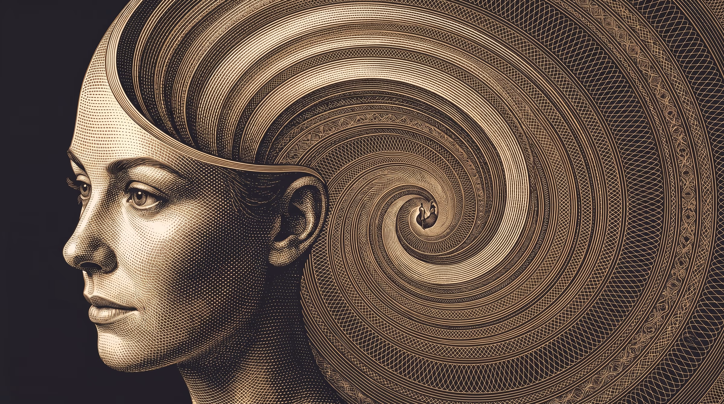 Un rostro sereno cuya mente se despliega en una gran espiral grabada