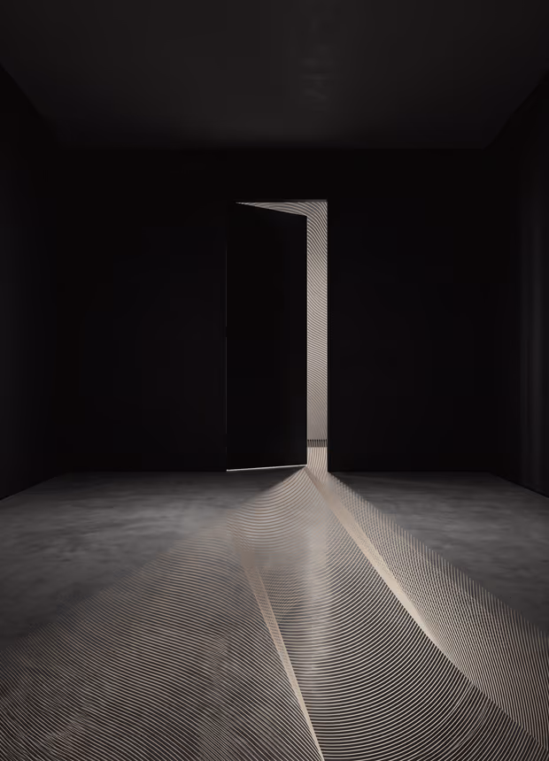 Una puerta abierta con una franja de luz cruzando el suelo, en grabado.