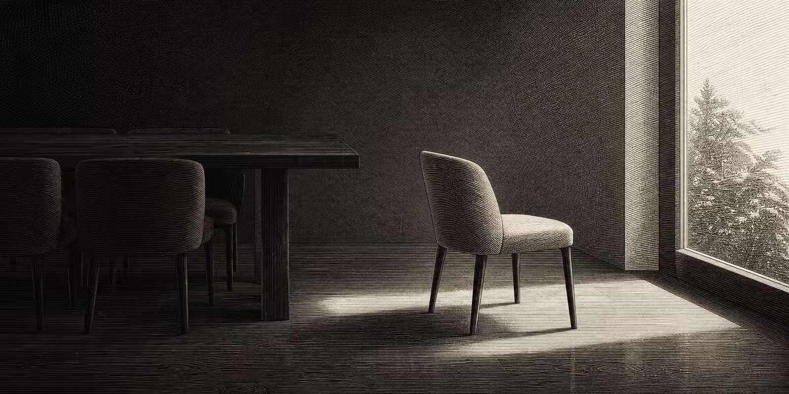 Una mesa con las sillas recogidas y una sola silla apartada que mira por el ventanal hacia fuera, bañada por la luz. Grabado.