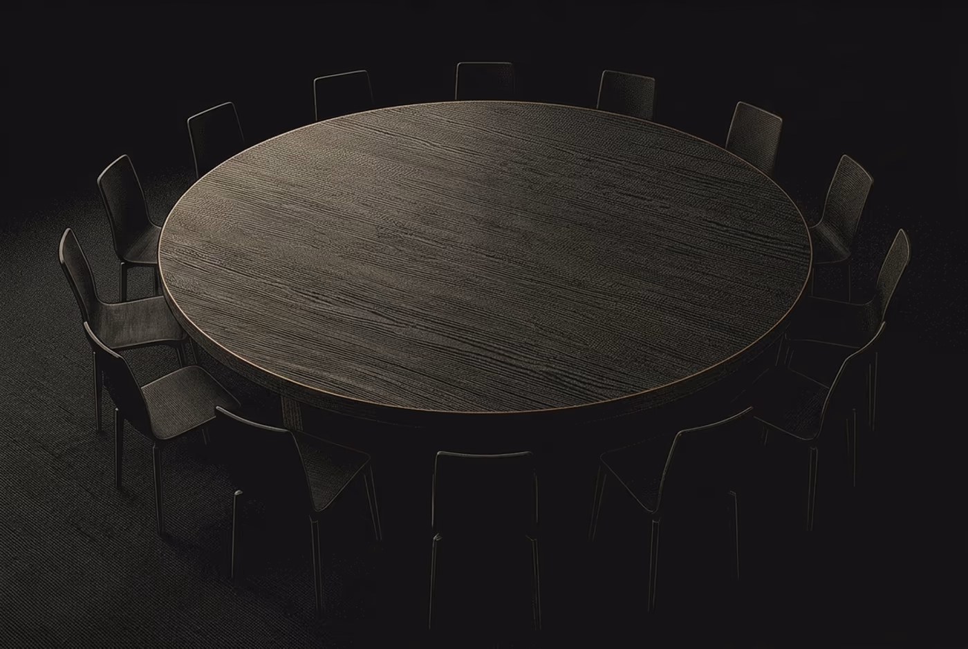 Grabado en bronce: una mesa redonda rodeada de sillas.