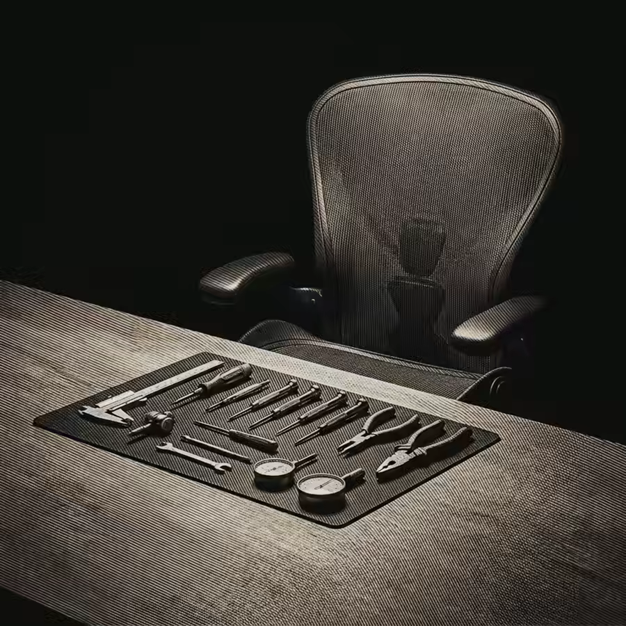 Herramientas de precisión sobre un banco de trabajo y, detrás, una silla de oficina vacía, en grabado.